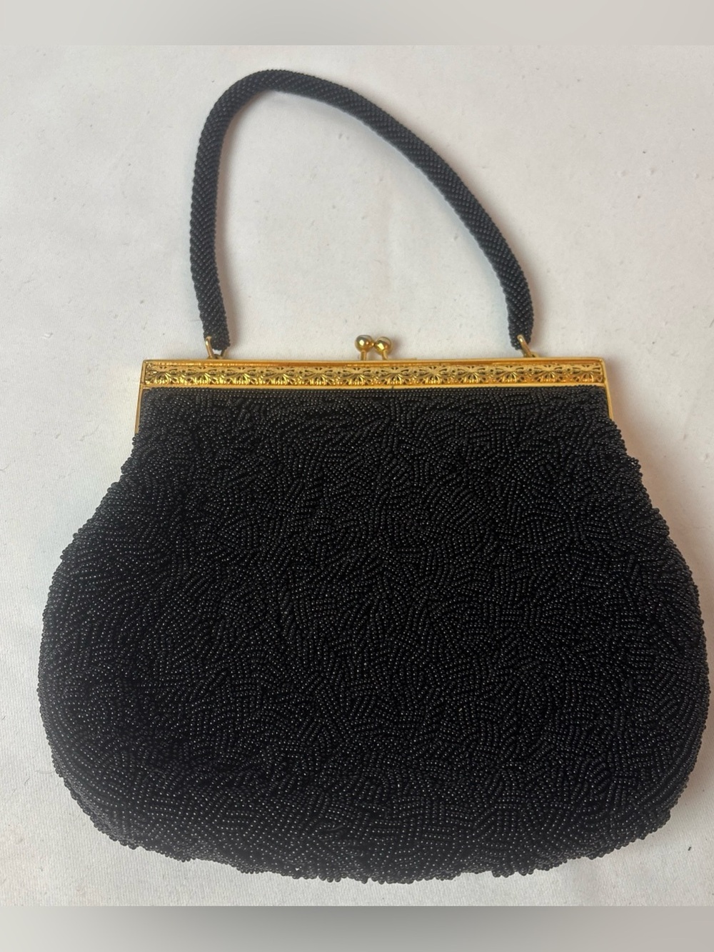 Vintage Black Seed Beaded Purse Handbag Black Gold Frame Evening 50’s 60’s - Picture 2 of 6